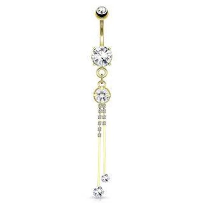 Gold PVD over Surgical Steel Dangling Multi Paved String White CZ Belly Button Navel Ring