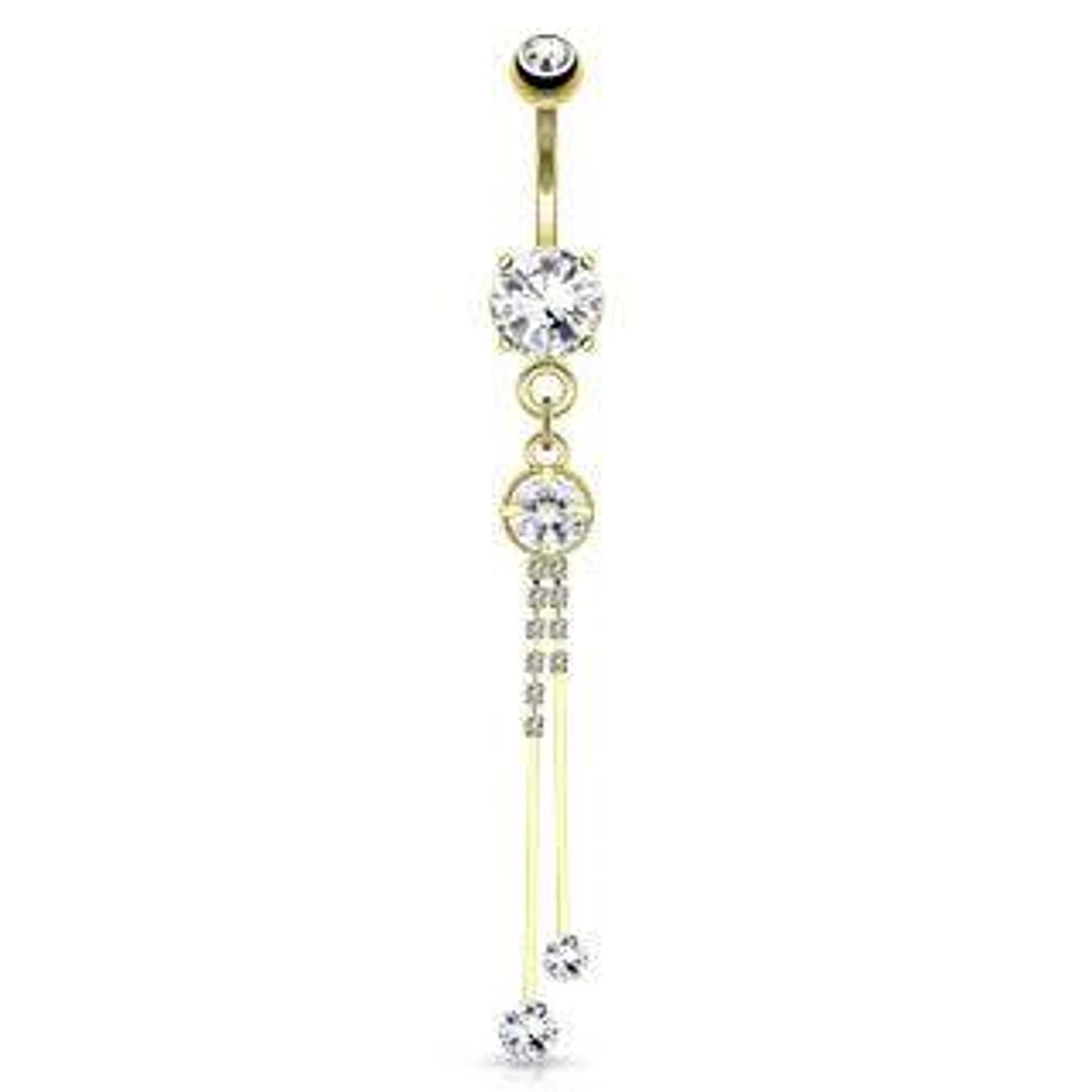 Gold PVD over Surgical Steel Dangling Multi Paved String White CZ Belly Button Navel Ring