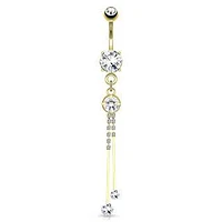 Gold PVD over Surgical Steel Dangling Multi Paved String White CZ Belly Button Navel Ring