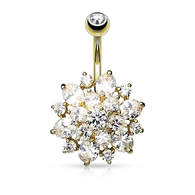 Gold PVD Surgical Steel Multi CZ Crystal Flower Belly Button Navel Ring