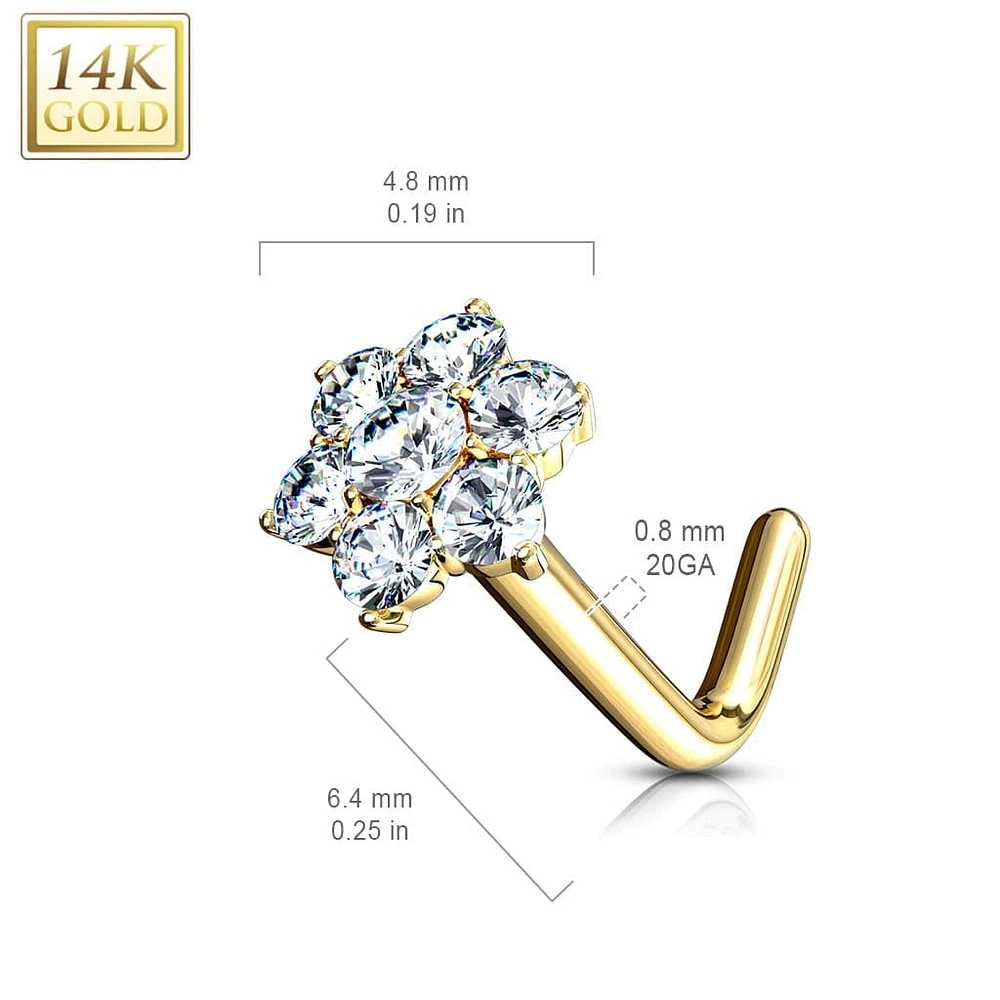 14KT Solid Gold L Shape Flower CZ Nose Ring Stud