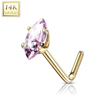 14KT Solid Gold L Shape Marquise CZ Nose Ring Stud
