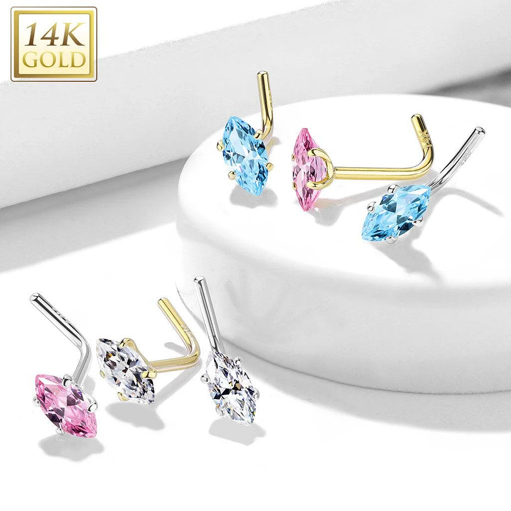 14KT Solid Gold L Shape Marquise CZ Nose Ring Stud