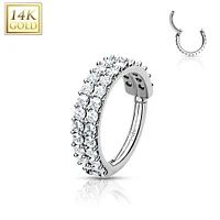 14KT Solid Gold 2 Row White CZ Ear Cartilage Hinged Clicker Hoop