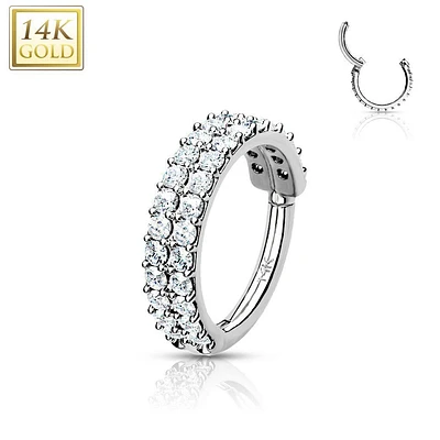 14KT Solid Gold 2 Row White CZ Ear Cartilage Hinged Clicker Hoop