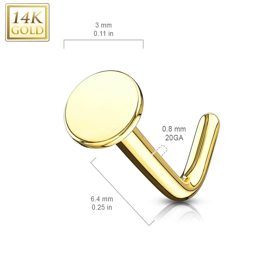 14KT Solid Gold 3mm Flat Disc Top L Shape Nose Ring Stud