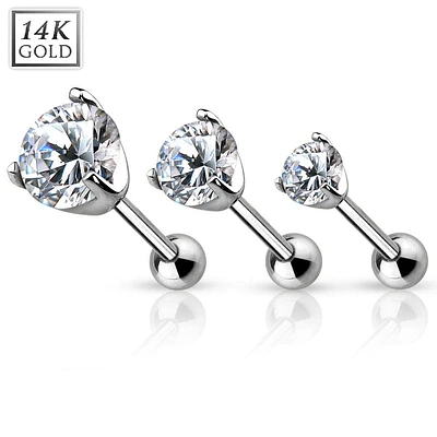 14KT Solid Gold Ball Back White CZ Prong Cartilage Helix Stud