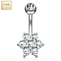 14KT Solid Gold Flower White CZ Belly Ring