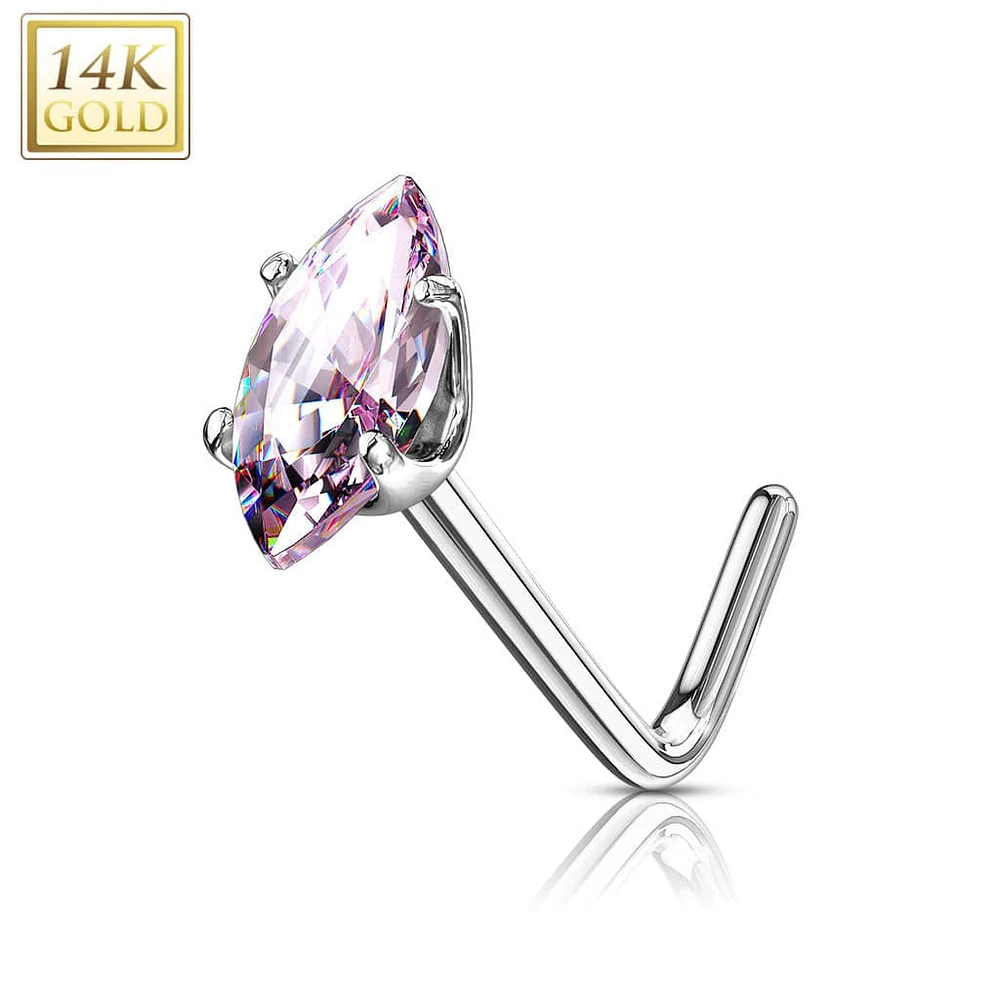 14KT Solid White Gold L Shape Pink Marquise CZ Nose Ring Stud