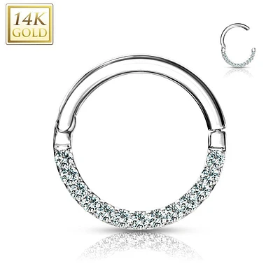 14KT Solid Gold Paved CZ Hinged Septum Ring