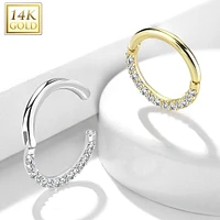 14KT Solid Gold Paved CZ Hinged Septum Ring