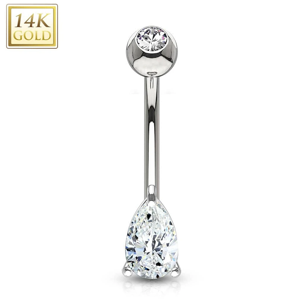 14KT Solid Gold Tear Drop White CZ Belly Ring