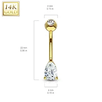 14KT Solid Gold Tear Drop White CZ Belly Ring