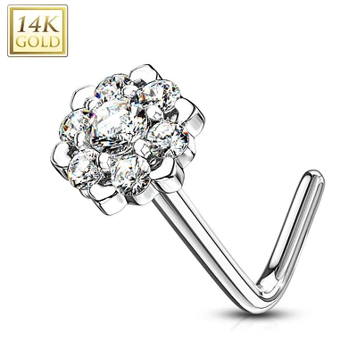 14KT Solid White Gold White CZ Cluster Flower L shape Nose Ring Stud