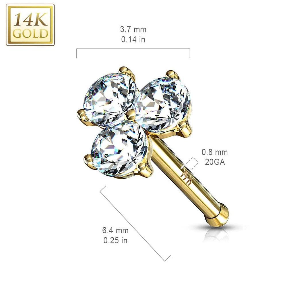 14KT Solid Yellow Gold 3 CZ Gem Ball End Nose Ring Stud