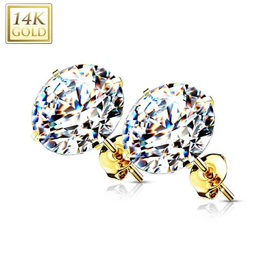 Pair of 14KT Solid Yellow Gold Circle Round White CZ Gem Stud Earrings