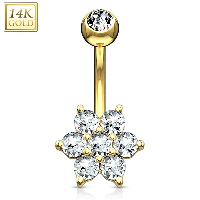 14KT Solid Yellow Gold Flower White CZ Belly Ring