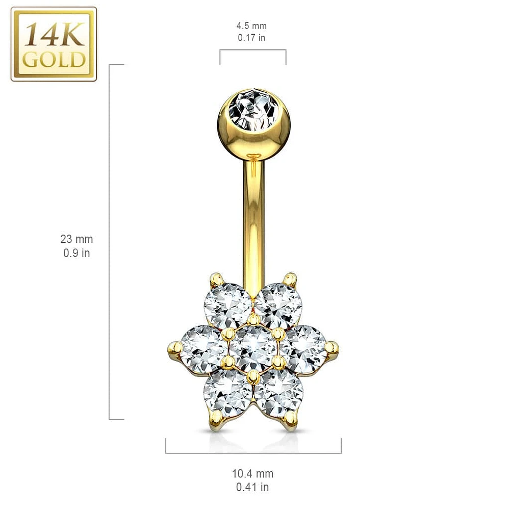 14KT Solid Yellow Gold Flower White CZ Belly Ring
