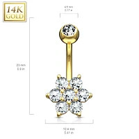 14KT Solid Yellow Gold Flower White CZ Belly Ring