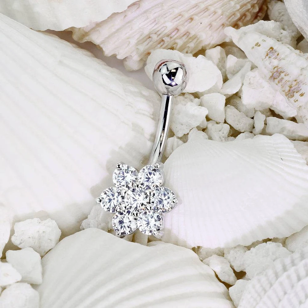 14KT Solid Yellow Gold Flower White CZ Belly Ring