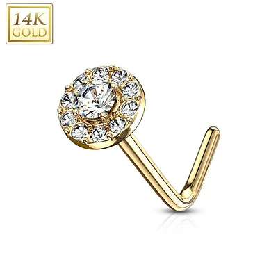 14KT Solid Yellow Gold L Shape Bent All White CZ Cluster Nose Stud