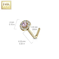 14KT Solid Yellow Gold L Shape Bent Aqua & White CZ Cluster Nose Stud