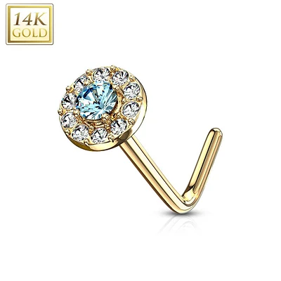 14KT Solid Yellow Gold L Shape Bent Aqua & White CZ Cluster Nose Stud