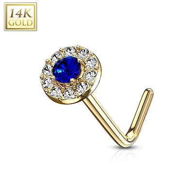 14KT Solid Yellow Gold L Shape Bent & White CZ Cluster Nose Stud