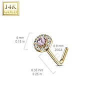 14KT Solid Yellow Gold L Shape Bent & White CZ Cluster Nose Stud
