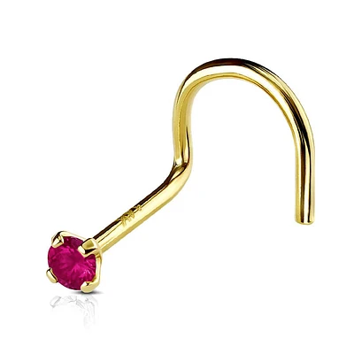 14KT Solid Yellow Gold Prong Bright Hot Pink CZ Gem Corkscrew Nose Ring Stud