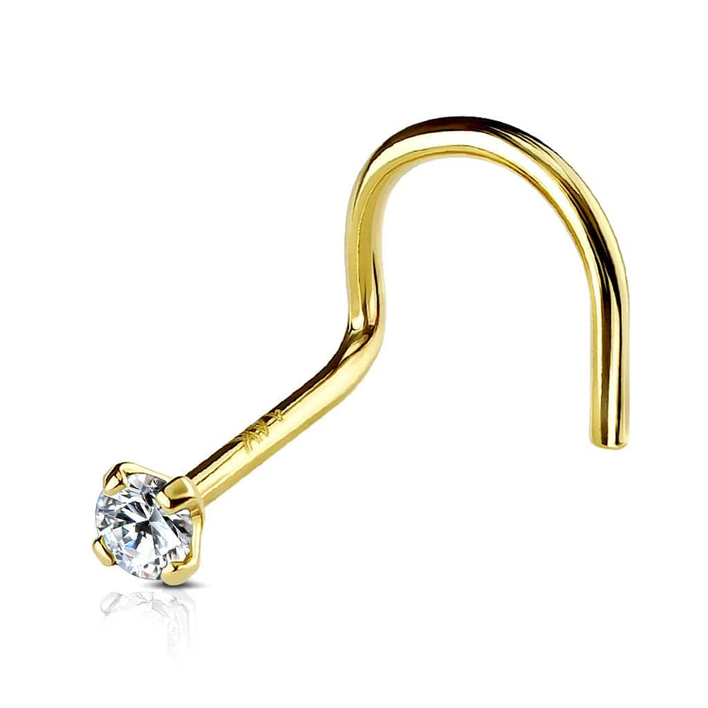 14KT Solid Yellow Gold Prong White CZ Gem Corkscrew Nose Ring Stud