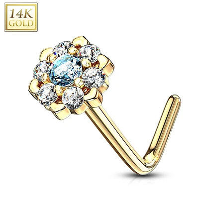 14KT Solid Yellow Gold White & Aqua CZ Cluster Flower L shape Nose Ring Stud