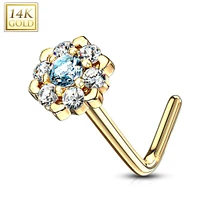 14KT Solid Yellow Gold White & Aqua CZ Cluster Flower L shape Nose Ring Stud