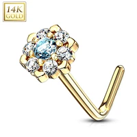 14KT Solid Yellow Gold White & Aqua CZ Cluster Flower L shape Nose Ring Stud