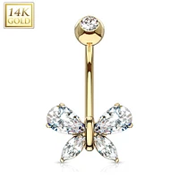 14KT Solid Yellow Gold White CZ Butterfly Belly Button Ring