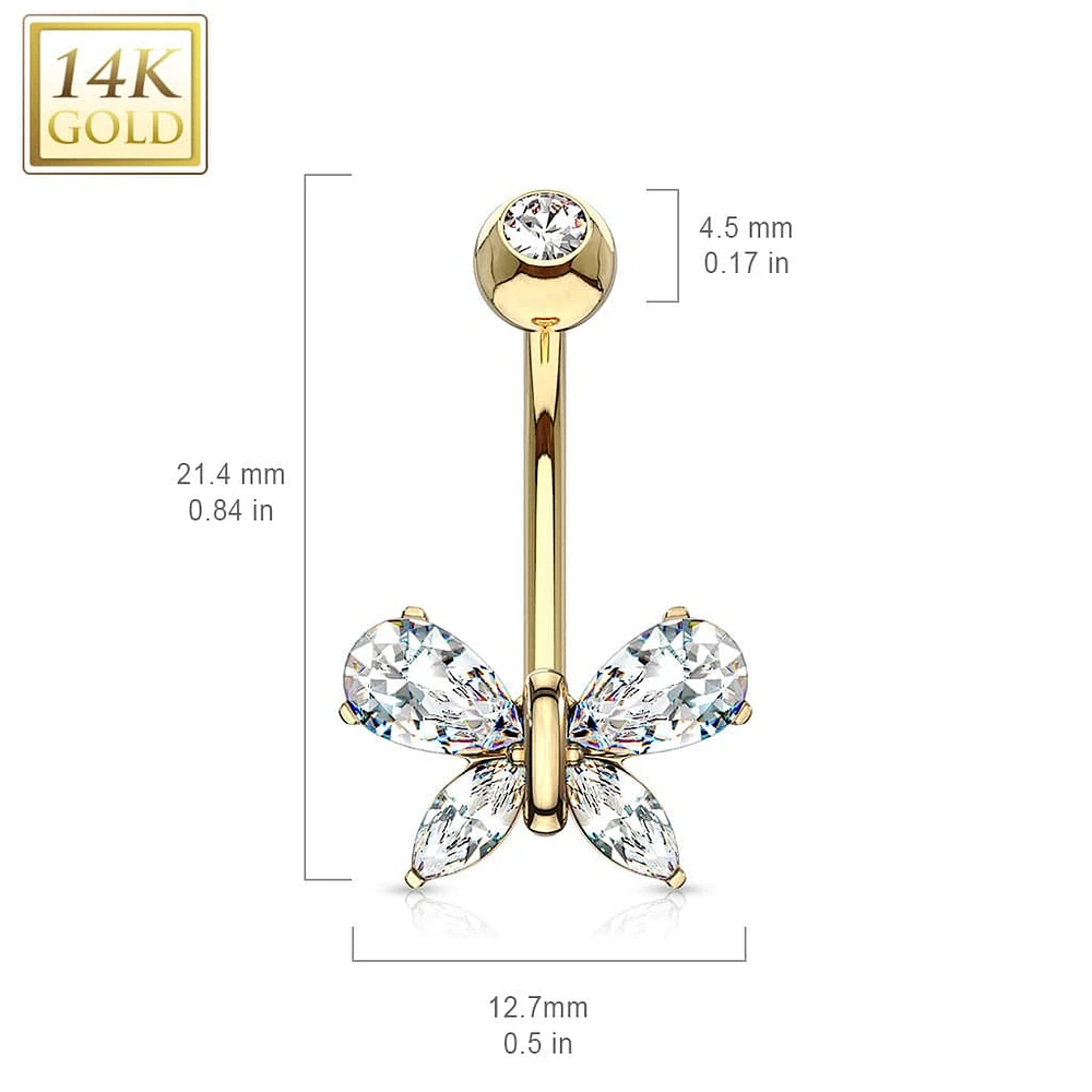 14KT Solid Yellow Gold White CZ Butterfly Belly Button Ring