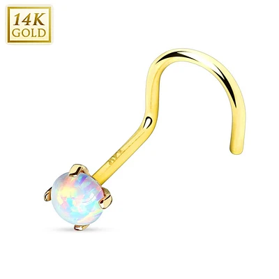 14KT Solid Yellow Gold White Opal Corkscrew Prong Nose Ring Stud