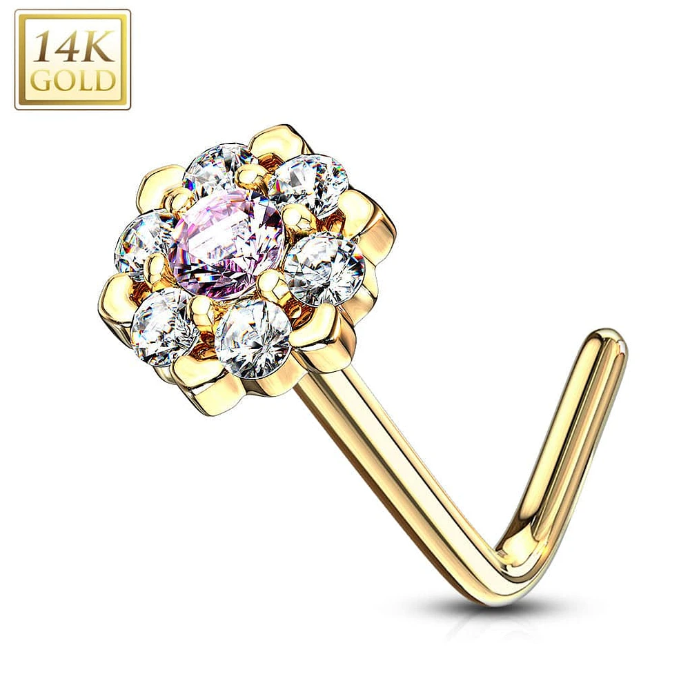 14KT Solid Yellow Gold White & CZ Cluster Flower L shape Nose Ring Stud