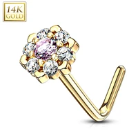 14KT Solid Yellow Gold White & CZ Cluster Flower L shape Nose Ring Stud