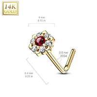 14KT Solid Yellow Gold White & CZ Cluster Flower L shape Nose Ring Stud