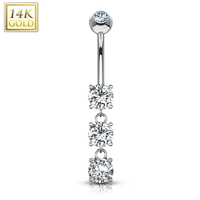 14KT White Gold 3 CZ White Gem Dangling Belly Button Ring