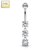 14KT White Gold 3 CZ White Gem Dangling Belly Button Ring
