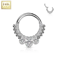 14KT White Gold Beaded White CZ Bezel Center Hinged Septum Clicker Hoop