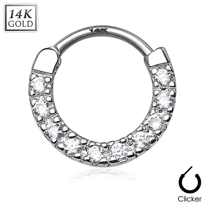 14KT Gold Hinged White CZ Septum Ring Hoop