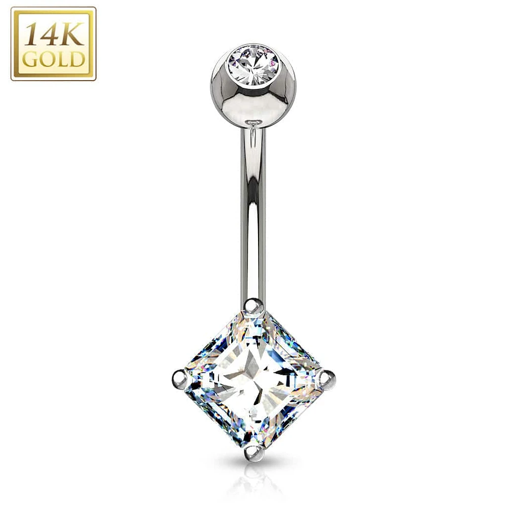 14KT Gold White Princess Cut Prong CZ Belly Button Ring