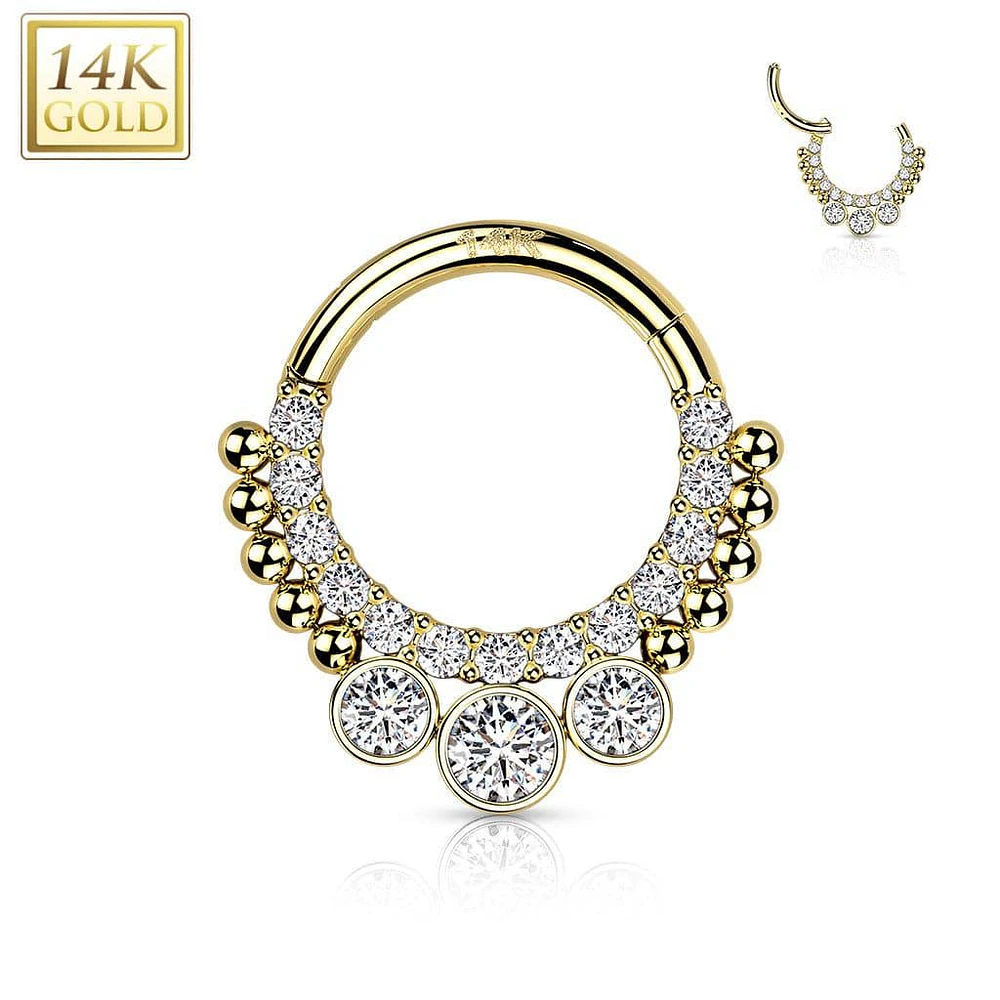 14KT Gold Beaded White CZ Bezel Center Hinged Septum Clicker Hoop