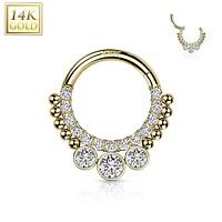 14KT Gold Beaded White CZ Bezel Center Hinged Septum Clicker Hoop