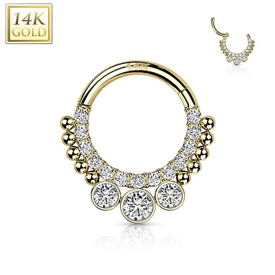 14KT Gold Beaded White CZ Bezel Center Hinged Septum Clicker Hoop