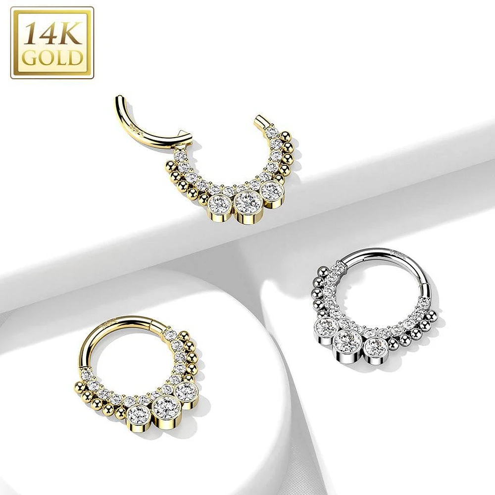 14KT Gold Beaded White CZ Bezel Center Hinged Septum Clicker Hoop