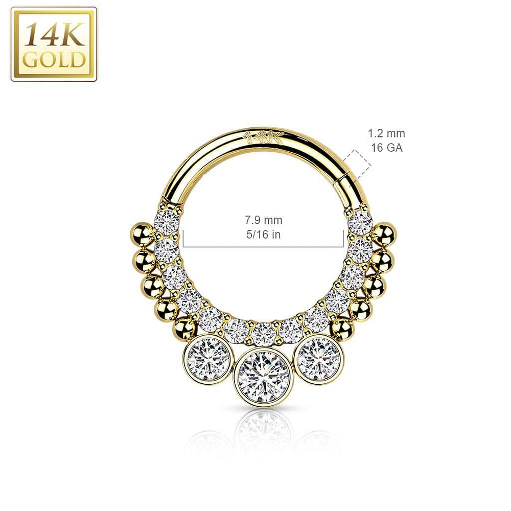 14KT Gold Beaded White CZ Bezel Center Hinged Septum Clicker Hoop